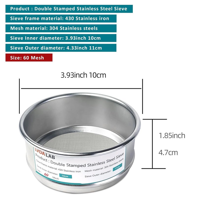 LVDALAB 304 Stainless Steel Mesh Lab Sieve, 60 Mesh (0.3mm) Aperture Test Sieve, 4inch(10cm) Economy Standard Analysis Sample Test Sieves for Industrial Laboratory Homes - Image 2